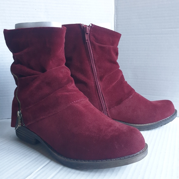 French Blue Americana Burgundy Wine Faux-Suede Ruched Ankle Zip-Up Booties Sz 38 - Picture 15 of 16